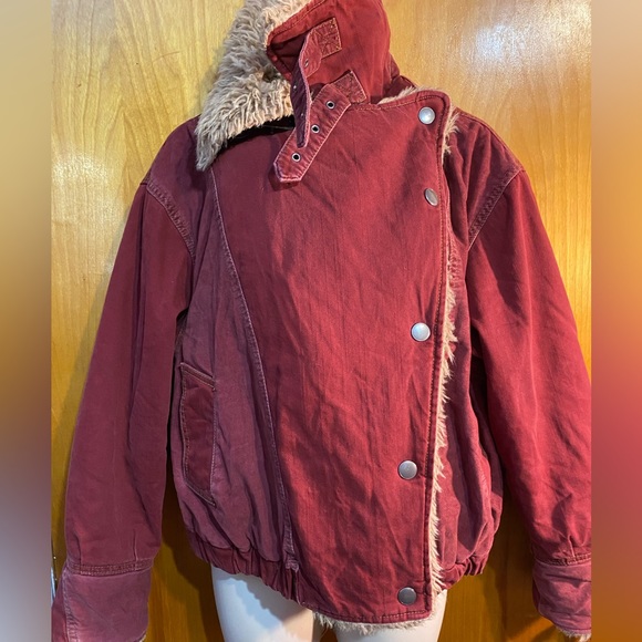 FINAL PRICE, EUC Free People sherpa lined OWEN red canvas moto jacket/coat XS - Picture 5 of 8